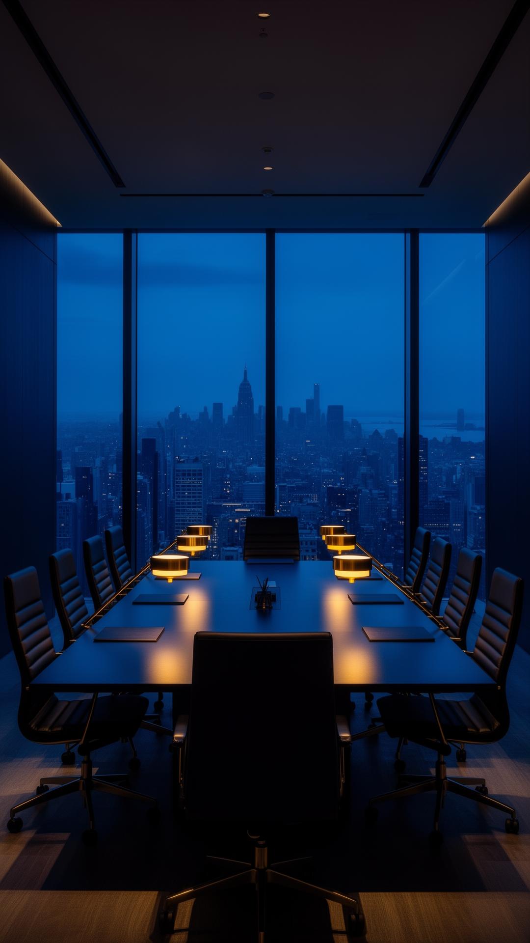 Premium boardroom at dusk overlooking a city skyline